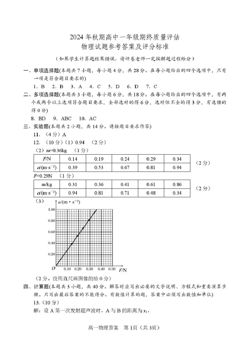 高1物理--答案_2025年02月试卷_0221河南省南阳市2024-2025学年高一上学期1月期末考试_河南省南阳市2024-2025学年高一上学期1月期末考试物理PDF版含解析