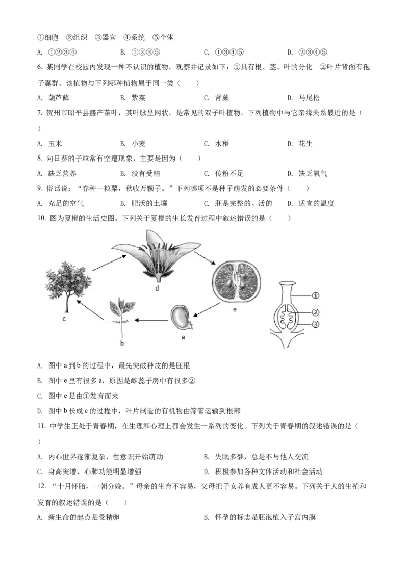 精品解析：2022年广西贺州市中考生物真题（原卷版）_6生物中考复习_2025中考复习资料_中考真题（近三年）_2022年生物中考真题114份_精品解析：2022年广西贺州市中考生物真题