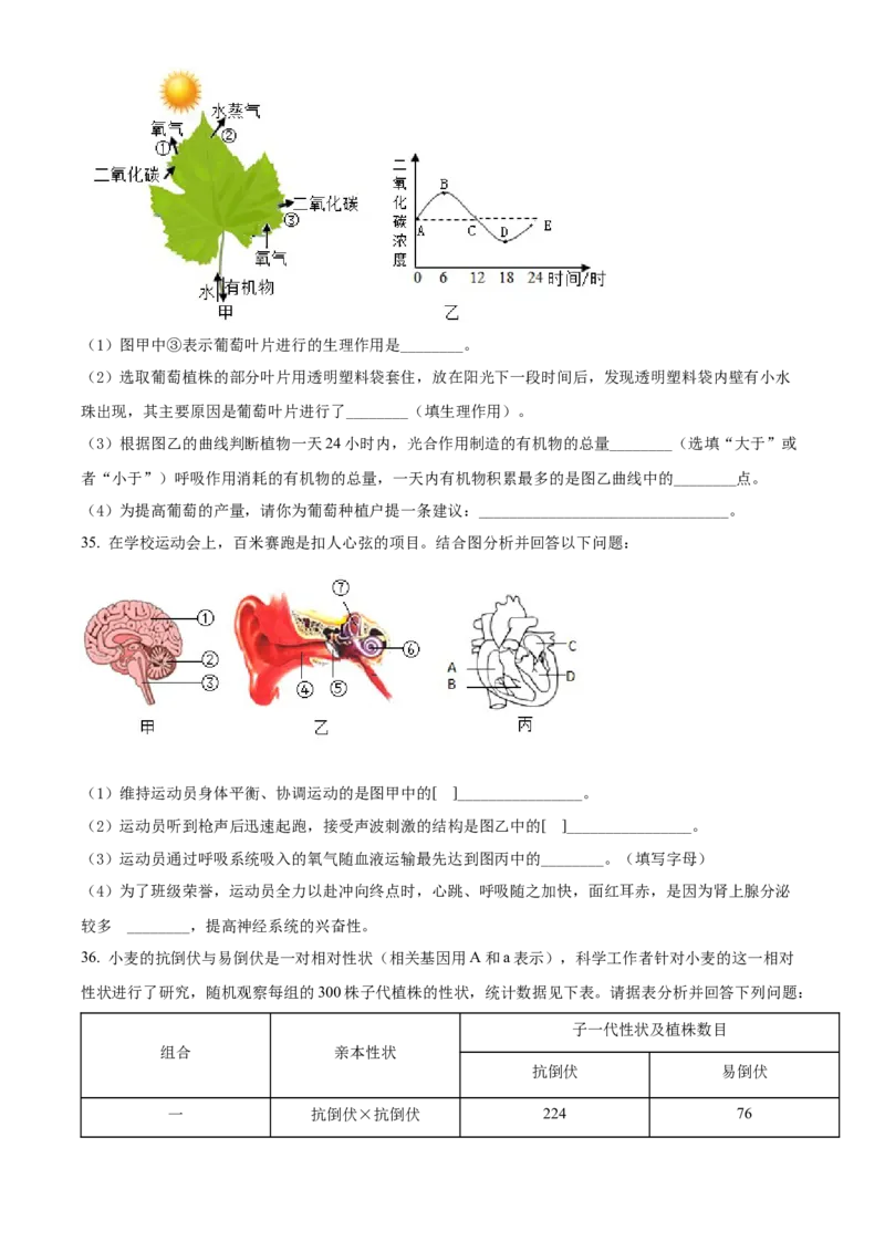 精品解析：2022年广西贺州市中考生物真题（原卷版）_6生物中考复习_2025中考复习资料_中考真题（近三年）_2022年生物中考真题114份_精品解析：2022年广西贺州市中考生物真题
