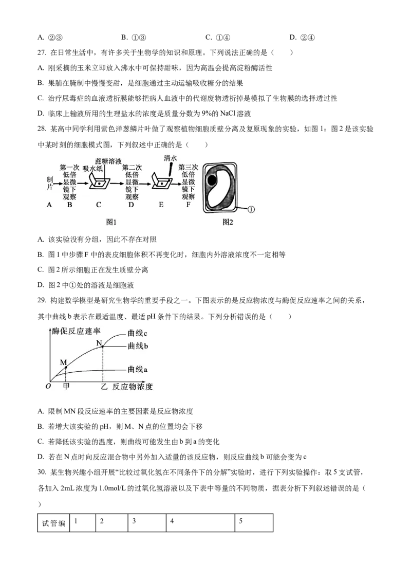 重庆市主城区七校联考2024-2025学年高一上学期期末考试生物试题Word版无答案_2025年03月试卷_0313重庆市主城区七校联考2024-2025学年高一上学期期末考试