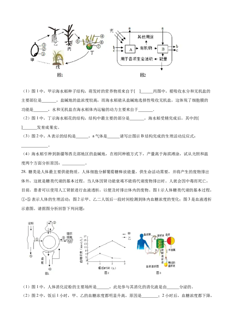 精品解析：2024年山东省临沂市中考生物真题（原卷版）_new_6生物中考复习_2025中考复习资料_中考真题（近三年）_2024年生物中考真题