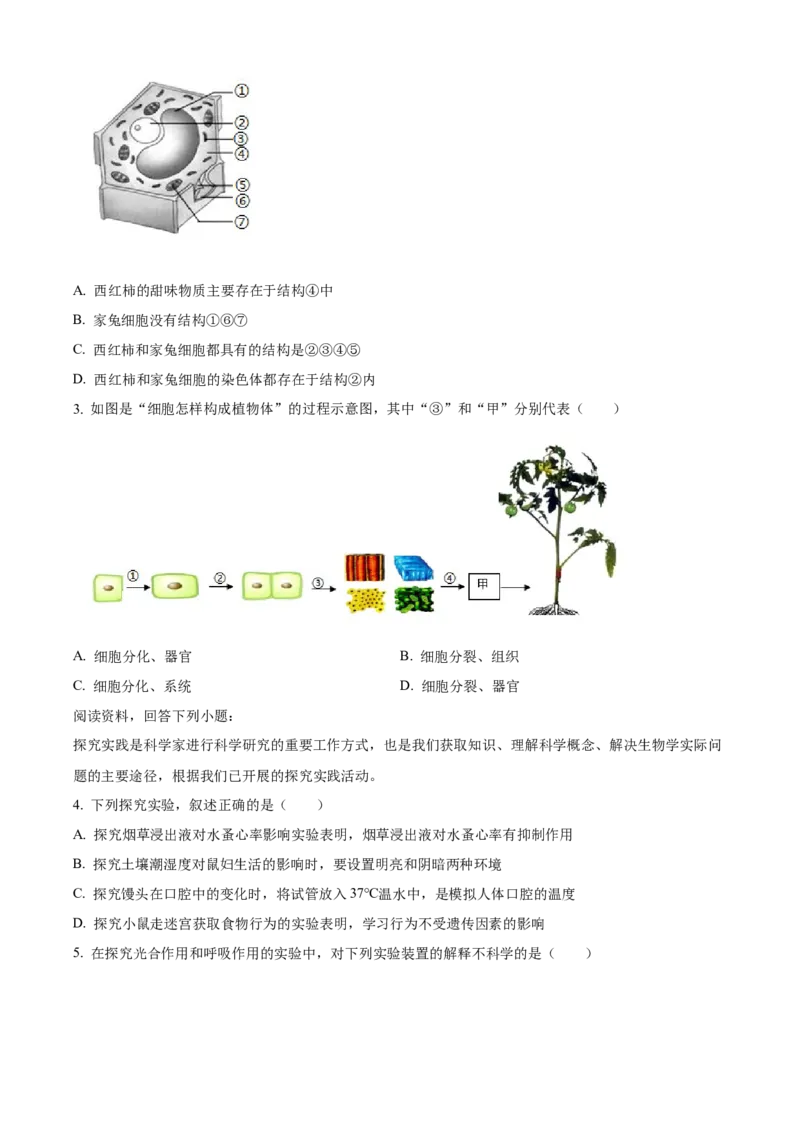 精品解析：2024年山东省临沂市中考生物真题（原卷版）_new_6生物中考复习_2025中考复习资料_中考真题（近三年）_2024年生物中考真题