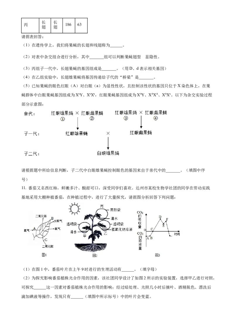 精品解析：2024年四川省达州市中考生物真题（原卷版）_new_6生物中考复习_2025中考复习资料_中考真题（近三年）_2024年生物中考真题