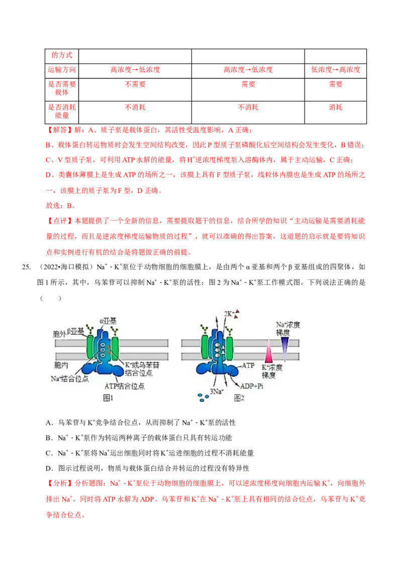 题型3物质进出细胞的方式（题型集训）（解析版）_新高考复习资料_2023年新高考复习资料_二轮复习_技巧点拨备战2023年高考生物二轮题型复习讲解286731240