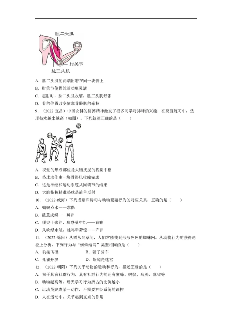 重难点06动物的运动和行为-2023年中考生物热点&middot;重点&middot;难点专练（全国通用）（原卷版）_6生物中考复习_2023年中考复习资料_专项复习