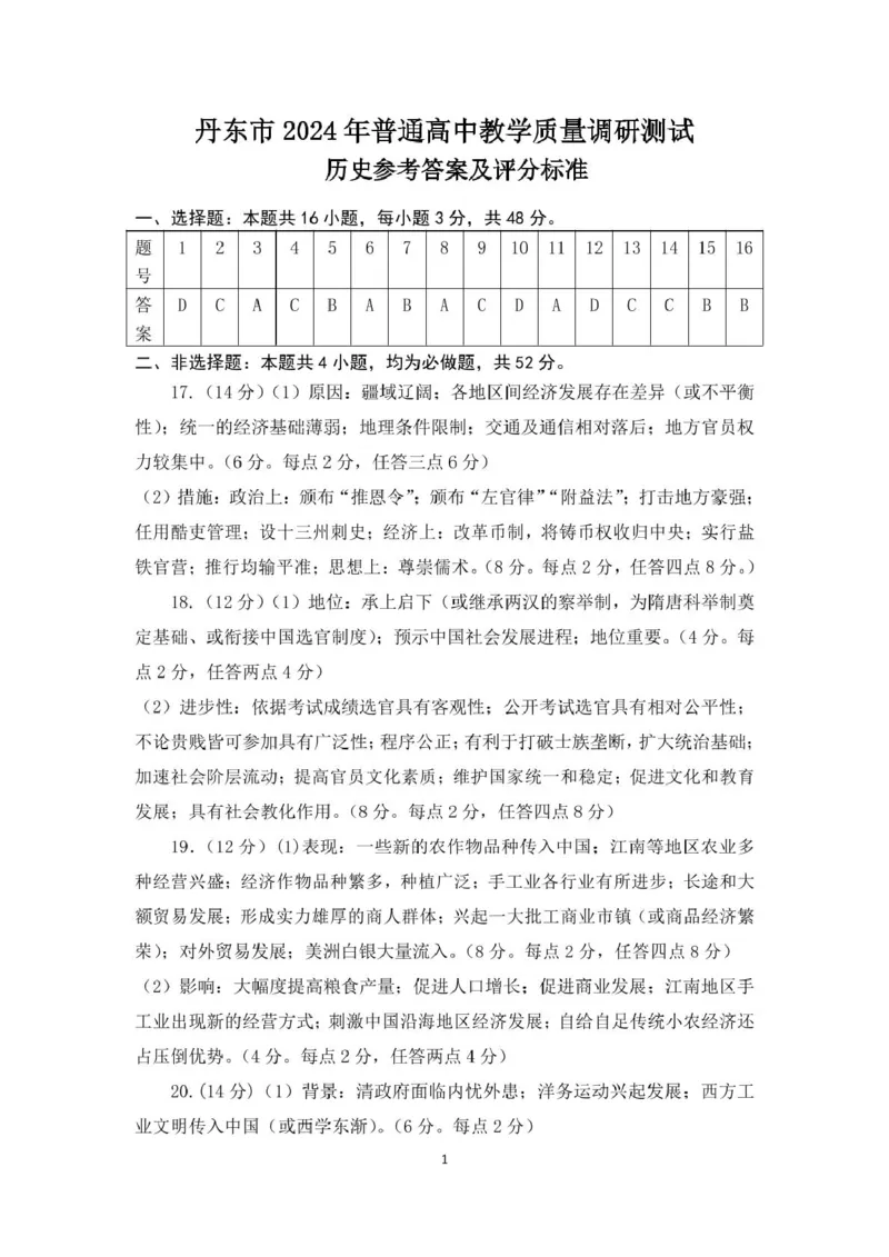 高一历史调研测试参考答案_2024年12月试卷_1213辽宁省丹东市2024-2025学年高一上学期12月教学质量调研测试
