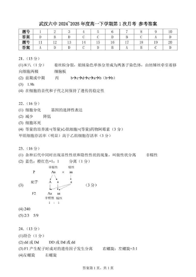 高一下学期第1次月考答案_2025年03月试卷_0311湖北省武汉市第六中学2024-2025学年高一下学期3月月考_湖北省武汉市第六中学2024-2025学年高一下学期第1次月考生物试题PDF版含答案