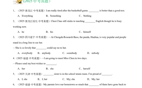 专题02代词（全国通用）（原卷版）_中考复习资料_语数英物化_3英语中考复习_2026年中考复习（更新中）_好题汇编三年（2023-2025）中考英语真题分类汇编（全国通用）