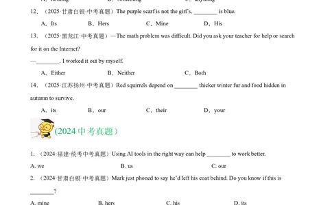 专题02代词（全国通用）（原卷版）_中考复习资料_语数英物化_3英语中考复习_2026年中考复习（更新中）_好题汇编三年（2023-2025）中考英语真题分类汇编（全国通用）