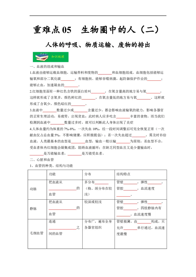 重难点05生物圈中的人（二）-2023年中考生物热点&middot;重点&middot;难点专练（全国通用）（原卷版）_6生物中考复习_2023年中考复习资料_专项复习