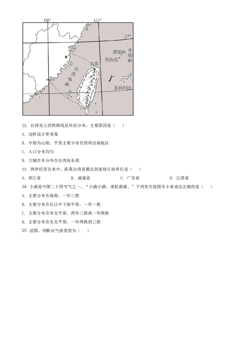 精品解析：2022年湖南省衡阳市中考地理真题（原卷版）_7地理中考复习_2025中考复习资料_中考真题（近三年）_2022年中考地理试卷104份_精品解析：2022年湖南省衡阳市中考地理真题