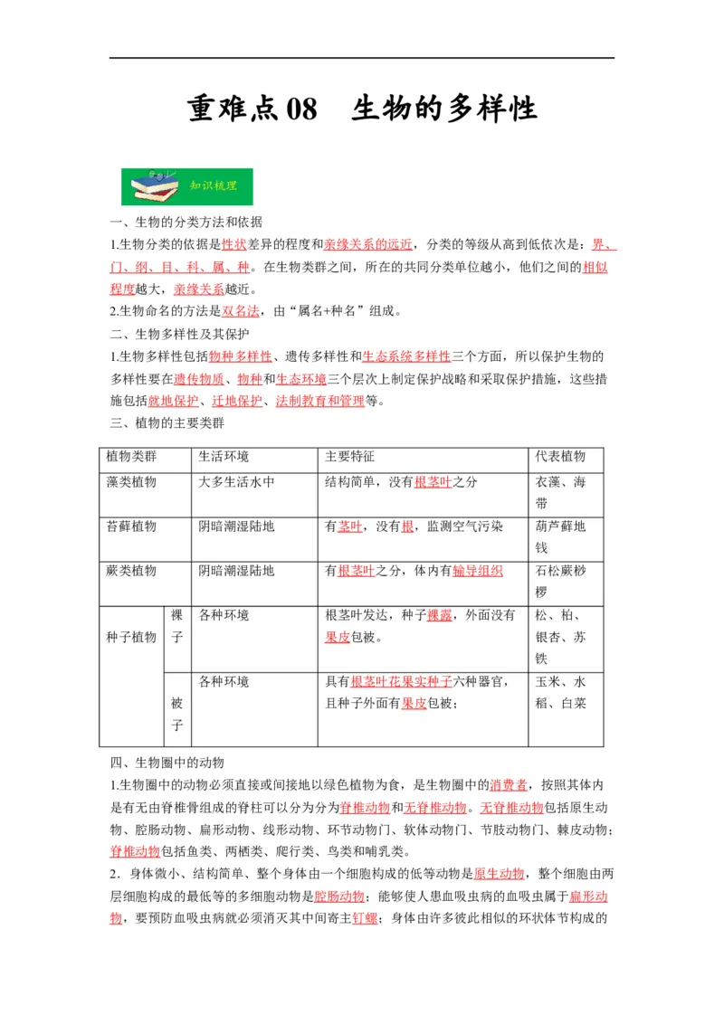 重难点08生物的多样性-2023年中考生物热点&middot;重点&middot;难点专练（全国通用）（解析版）_6生物中考复习_2023年中考复习资料_专项复习_2023年中考生物热点&middot;重点&middot;难点专练（全国通用）
