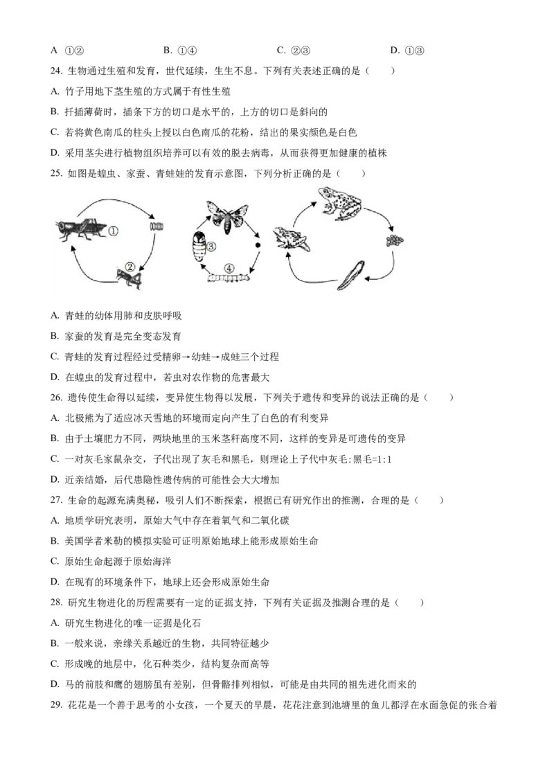 精品解析：2022年湖南省娄底市中考生物真题（原卷版）_6生物中考复习_2025中考复习资料_中考真题（近三年）_2022年生物中考真题114份_精品解析：2022年湖南省娄底市中考生物真题