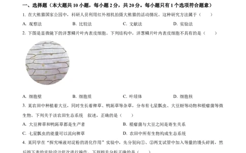 精品解析：2023年安徽省中考生物真题（原卷版）_new_6生物中考复习_2025中考复习资料_中考真题（近三年）_2023年生物中考真题