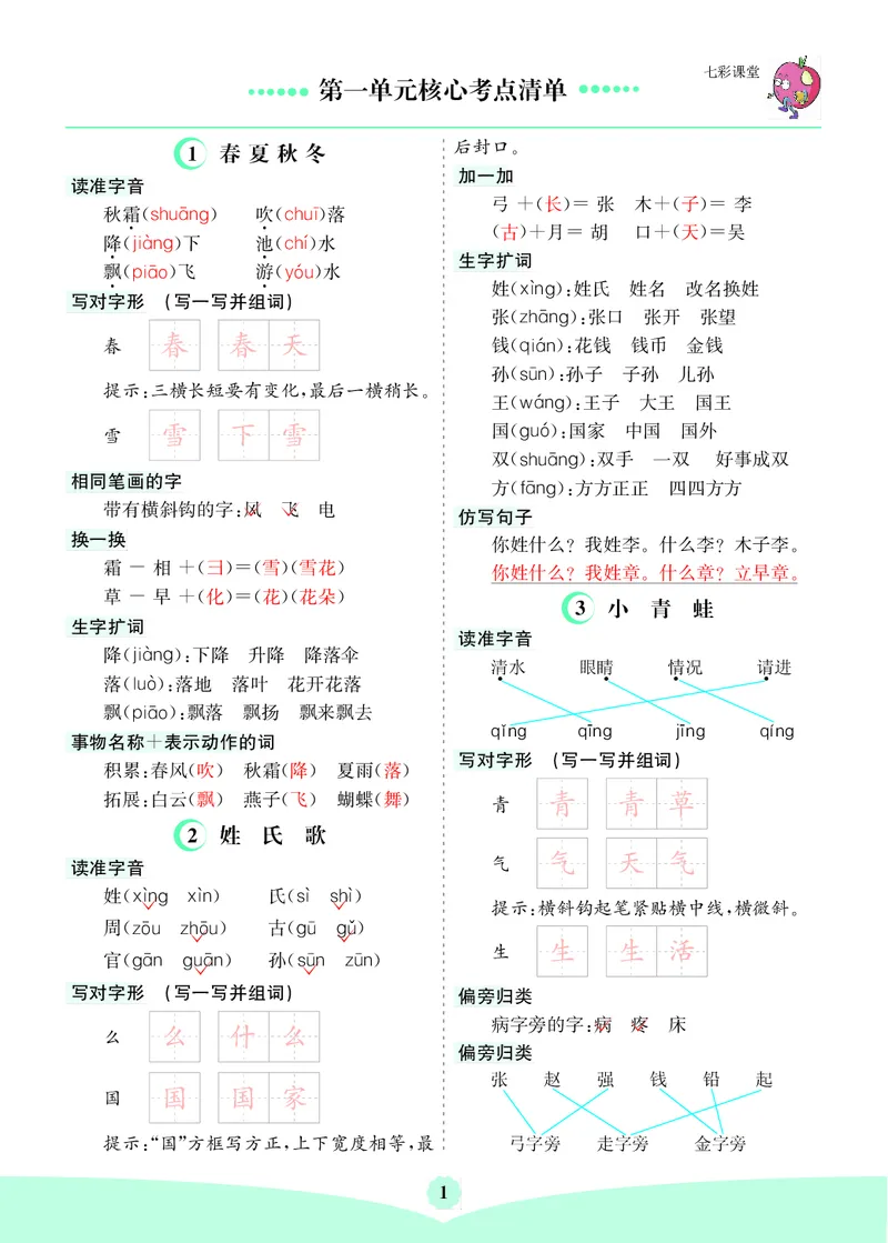 26春一年级语文下册核心考点清单_2026春人教语文《核心考点清单》