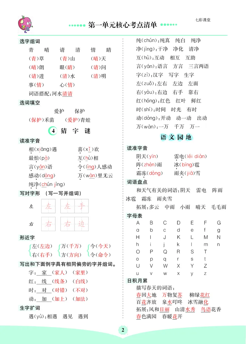 26春一年级语文下册核心考点清单_2026春人教语文《核心考点清单》