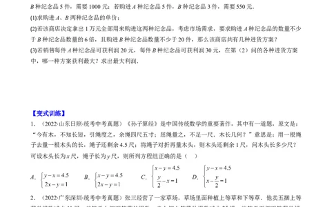 专题04方程与不等式(原卷版)_中考复习资料_语数英物化_2数学中考复习_2023年中考复习资料_专项复习_备战2023年中考数学复习重难点与压轴题型专项突围训练（全国通用版）