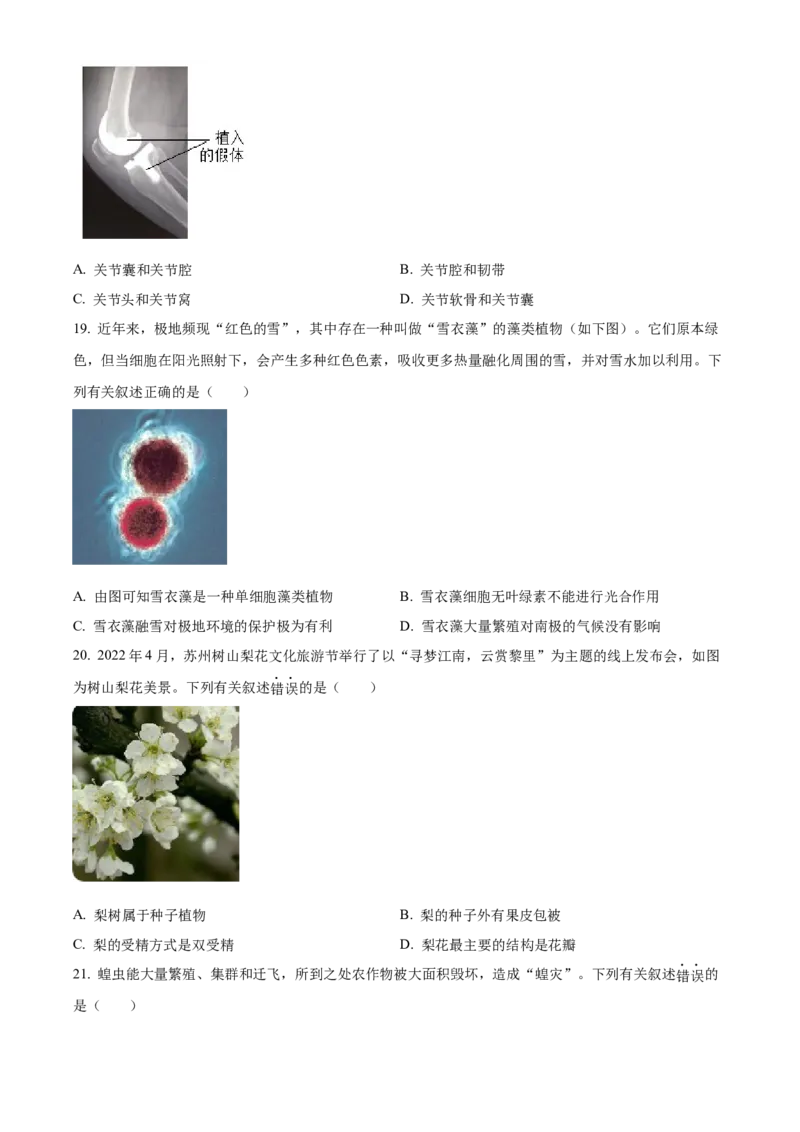 精品解析：2022年江苏省苏州市中考生物真题（原卷版）_6生物中考复习_2025中考复习资料_中考真题（近三年）_2022年生物中考真题114份_精品解析：2022年江苏省苏州市中考生物真题