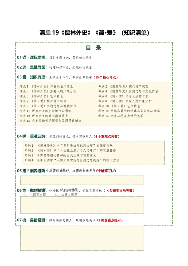 《儒林外史》《简&middot;爱》（7张思维导图+15个核心考点+4个重难点+1个解题方法+4类题型方法突破+4类易错点提示5类题型解析+4个速记要点）（知识清单）解析版_中考复习资料_语数英物化