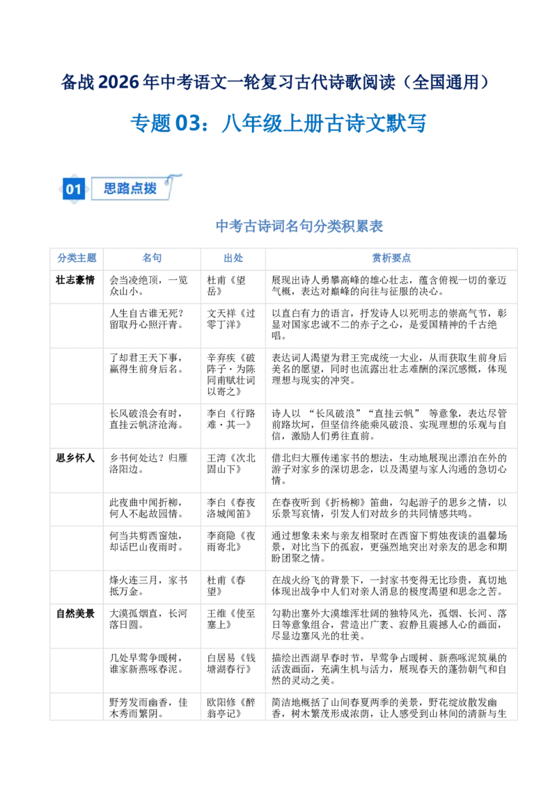 专题03：八年级上册古诗文默写（原卷版）_中考复习资料_语数英物化_1语文中考复习_2026年中考复习（更新中）_备战2026年中考语文一轮复习之古诗文专题（全国通用）