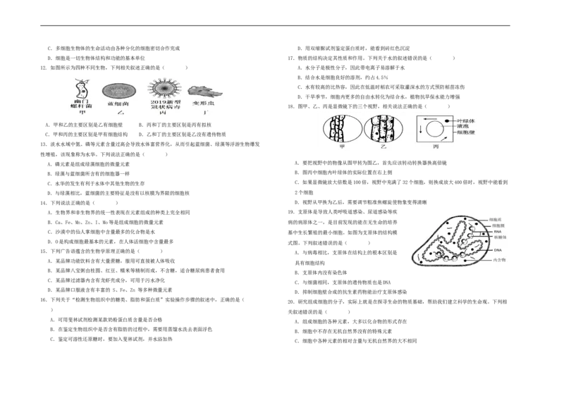 陕西省汉中市西乡县第一中学2025-2026学年高一上学期9月月考生物试题_2025年10月高一试卷_251008陕西省汉中市西乡县第一中学2025-2026学年高一上学期9月月考