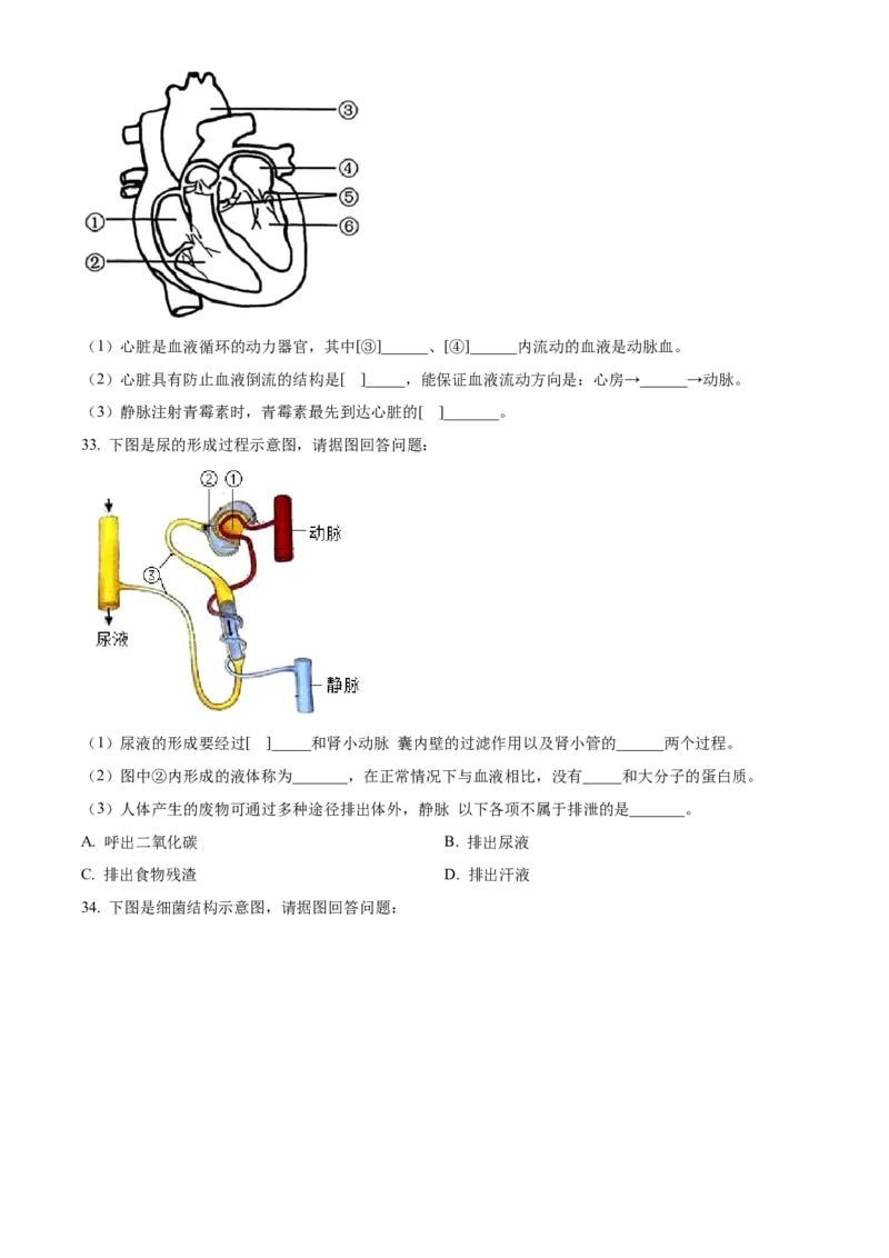 精品解析：2023年黑龙江省齐齐哈尔中考生物真题（原卷版）_new_6生物中考复习_2025中考复习资料_中考真题（近三年）_2023年生物中考真题