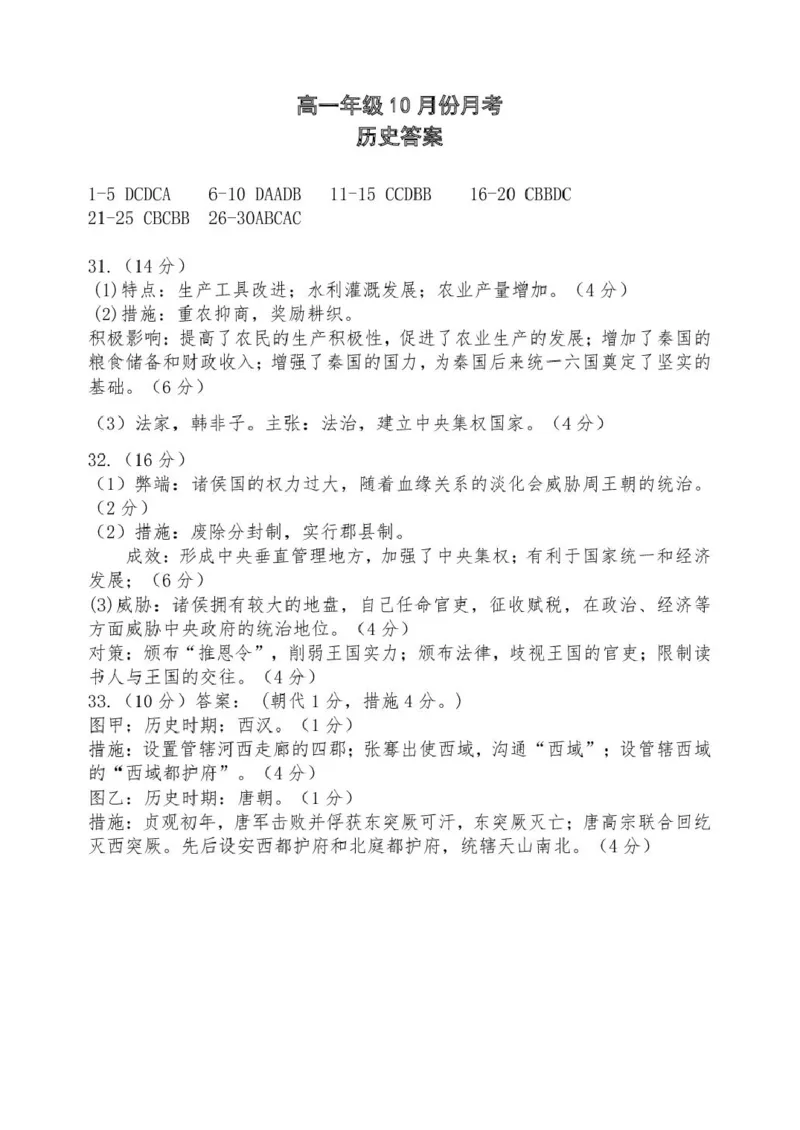 高一10月月考-历史答案_2025年10月高一试卷_251028山东省德州市夏津第一中学2025-2026学年高一上学期10月月考（全）