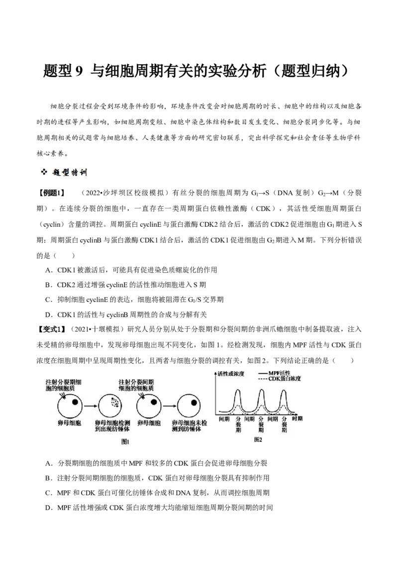 题型9与细胞周期有关的实验分析（题型归纳）（原卷版）_新高考复习资料_2023年新高考复习资料_二轮复习_技巧点拨备战2023年高考生物二轮题型复习讲解286731240