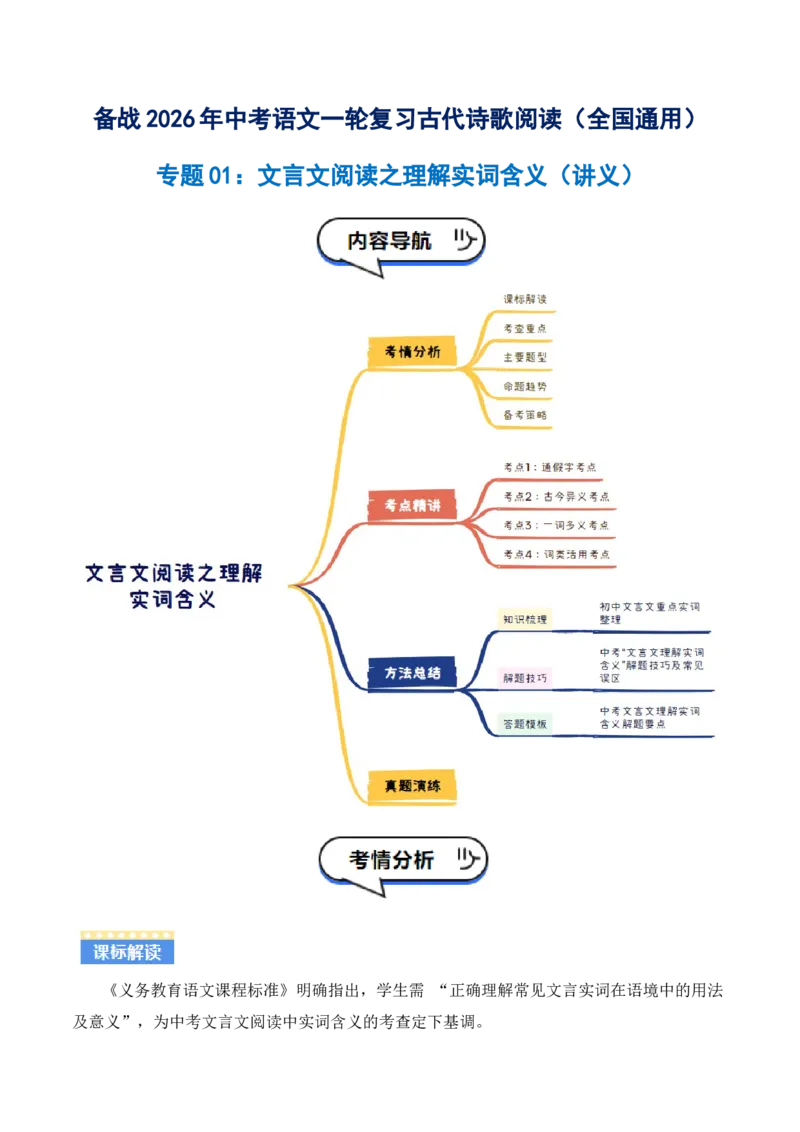 专题01：文言文阅读之理解实词含义(讲义）原卷版_中考复习资料_语数英物化_1语文中考复习_2026年中考复习（更新中）_备战2026年中考语文一轮复习之古诗文专题（全国通用）