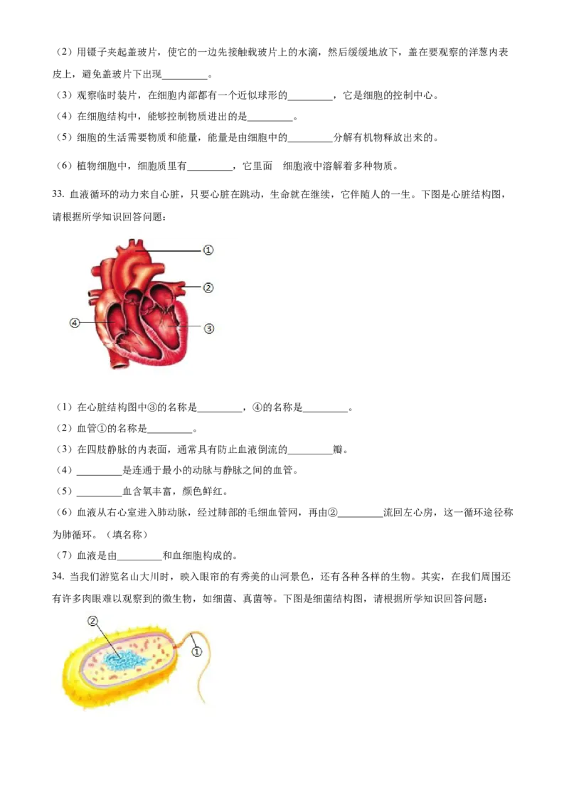 精品解析：2024年黑龙江省绥化市中考生物真题（原卷版）_new_6生物中考复习_2025中考复习资料_中考真题（近三年）_2024年生物中考真题