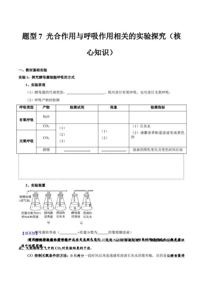 题型7光合作用与细胞呼吸相关的实验探究（核心知识）（原卷版）_新高考复习资料_2023年新高考复习资料_二轮复习_技巧点拨备战2023年高考生物二轮题型复习讲解286731240
