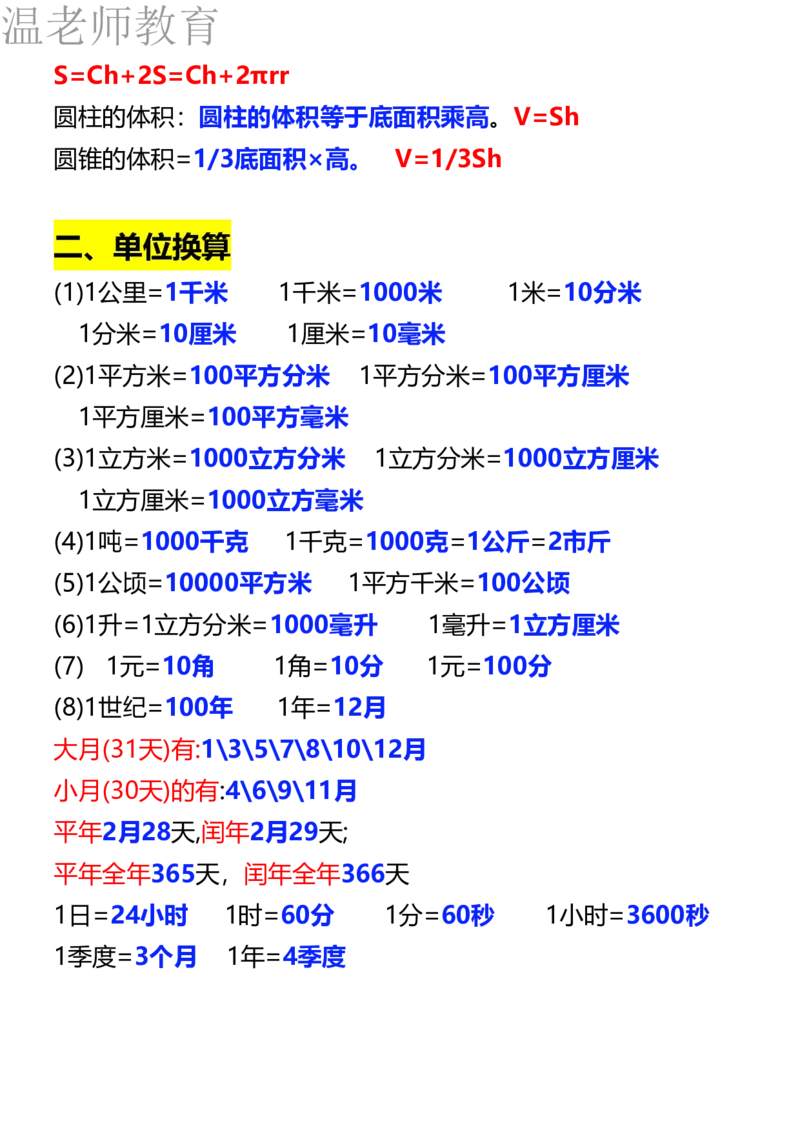 26春六年级下册数学必背公式汇总_2026春人教数学必背公式汇总