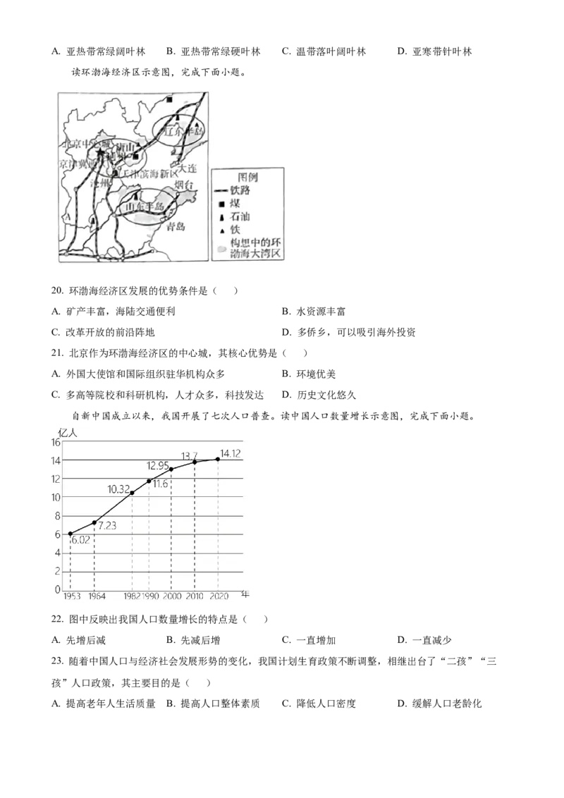 精品解析：2023年湖南省怀化市中考地理真题（原卷版）_new_7地理中考复习_2025中考复习资料_中考真题（近三年）_2023中考地理真题