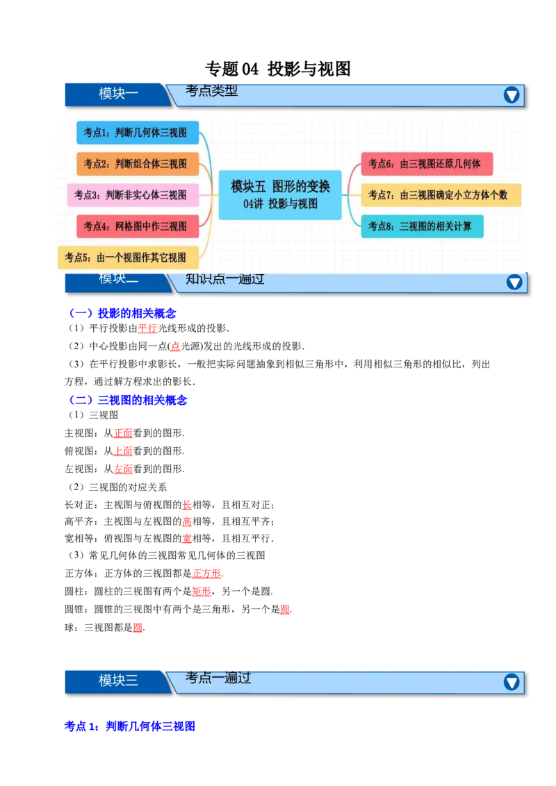 专题04投影与视图八大考点+知识串讲-2026年中考数学总复习重难考点强化训练（全国通用）(解析版）_中考复习资料_语数英物化_2数学中考复习_2026年中考复习（更新中）