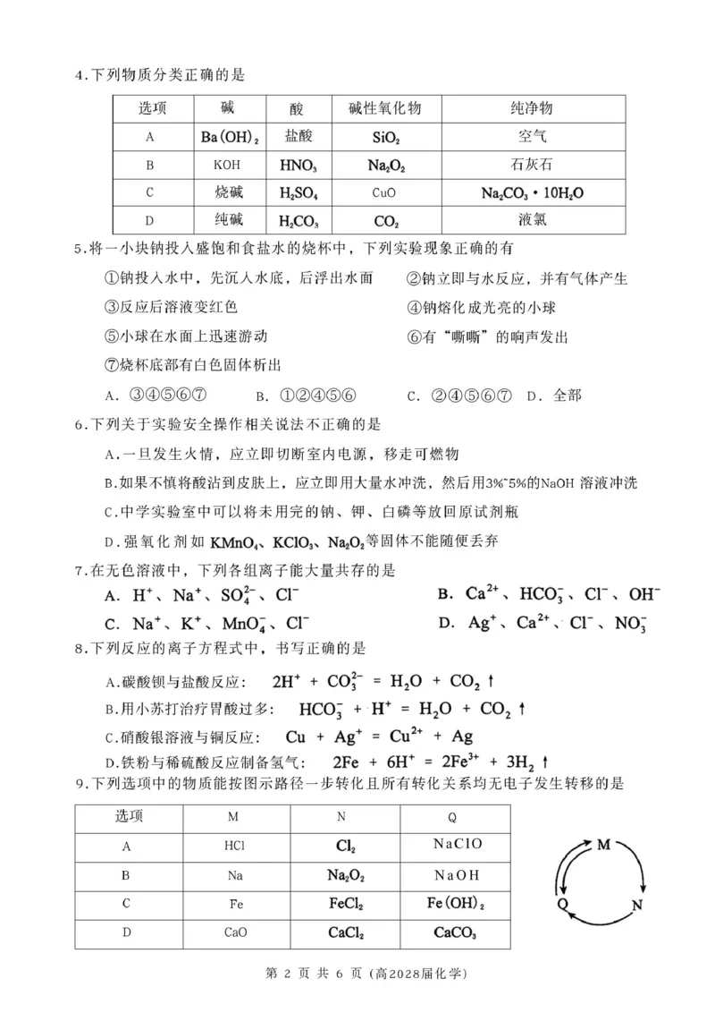 高2028届化学试卷化学试卷(高2028届)_2025年12月高一试卷_251209重庆市名校联盟2025-2026学年高一上学期11月期中联考