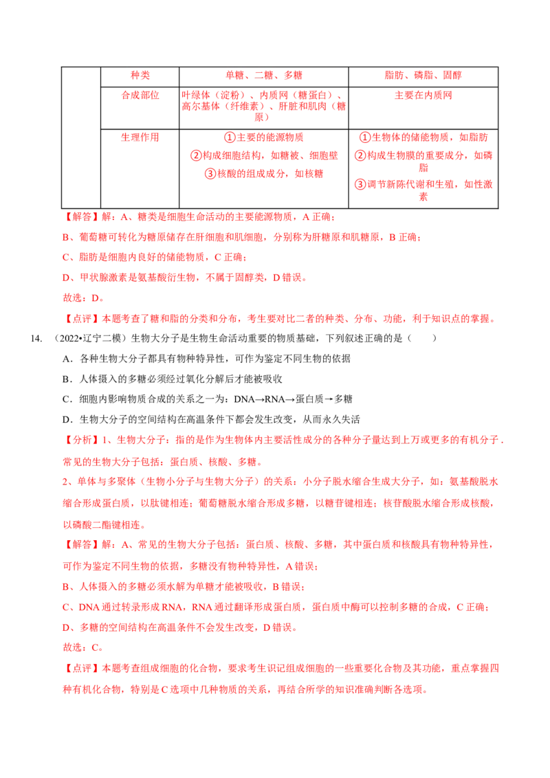 题型1细胞的分子组成及其功能（题型集训）（解析版）_新高考复习资料_2023年新高考复习资料_二轮复习_技巧点拨备战2023年高考生物二轮题型复习讲解286731240