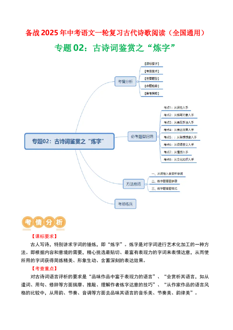 专题02：古诗词鉴赏之&ldquo;炼字&rdquo;-备战2025年中考语文一轮复习古代诗歌阅读（全国通用）原卷版_中考复习资料_语数英物化_1语文中考复习_2025年中考资料