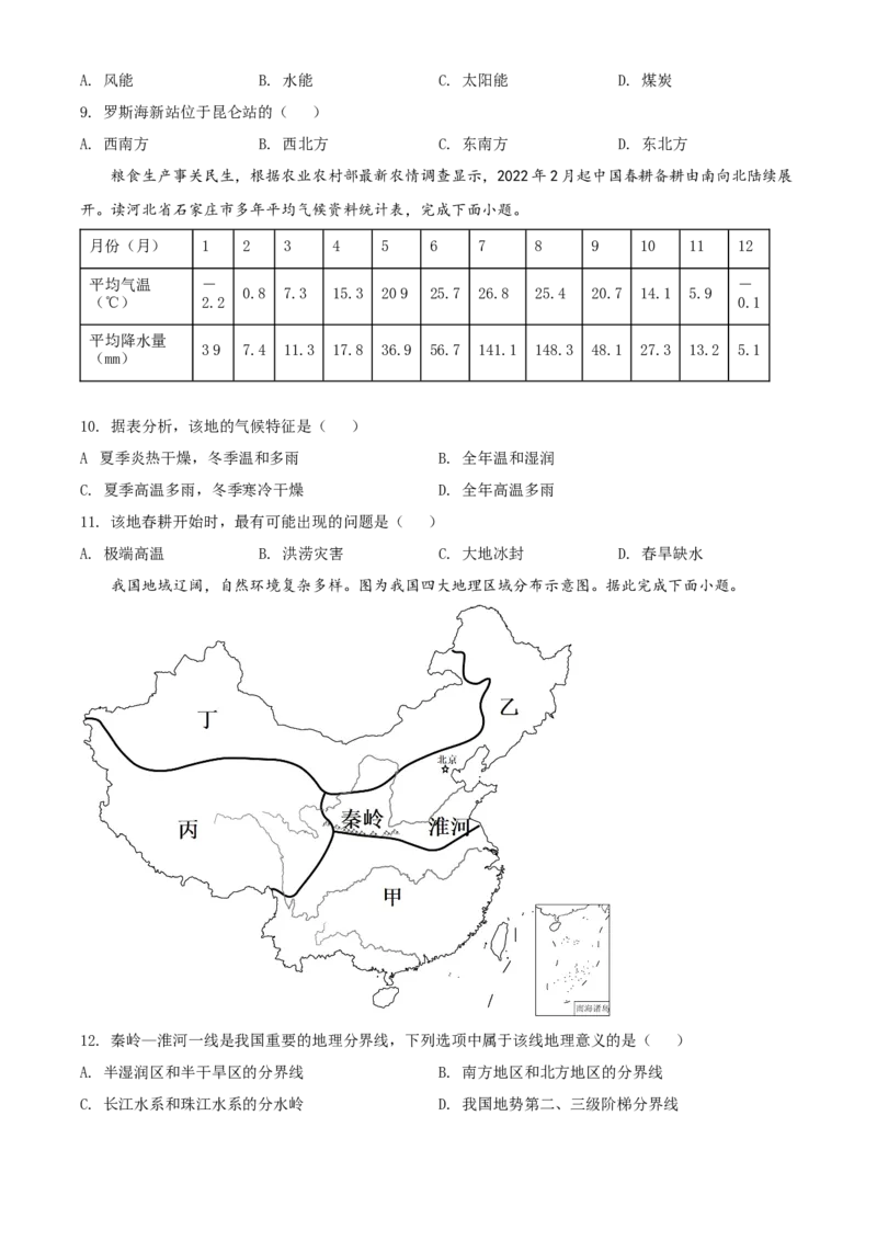 精品解析：2022年广西北部湾经济区中考地理真题（原卷版）_7地理中考复习_2025中考复习资料_中考真题（近三年）_2022年中考地理试卷104份_精品解析：2022年广西北部湾经济区中考地理真题