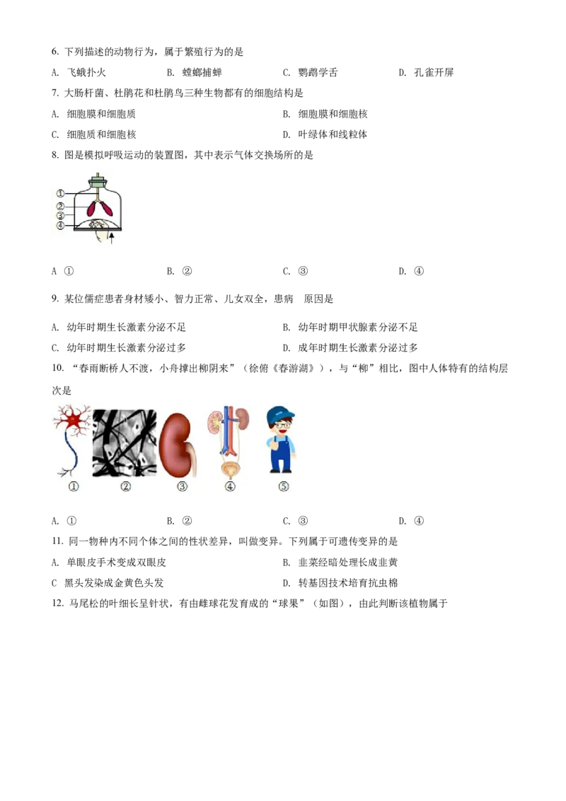 精品解析：2022年江苏省泰州市中考生物真题（原卷版）_6生物中考复习_2025中考复习资料_中考真题（近三年）_2022年生物中考真题114份_精品解析：2022年江苏省泰州市中考生物真题