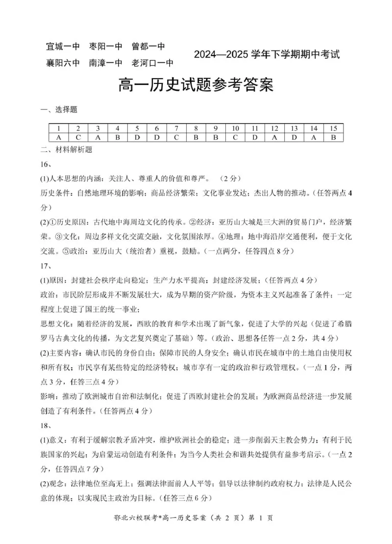 鄂北六校高一历史参考答案_2025年04月试卷_0426湖北省鄂北六校2024-2025学年高一下学期期中联考_湖北省鄂北六校2024-2025学年高一下学期期中联考历史试题扫描版含解析