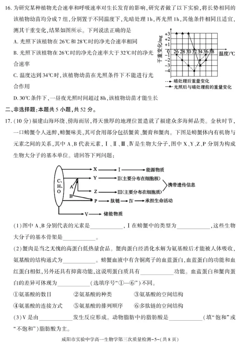 陕西省咸阳市实验中学2025-2026学年高一上学期第三次质量检测生物试卷_2026年01月高一试卷_260109陕西省咸阳市实验中学2025-2026学年高一上学期第三次质量检测（全）