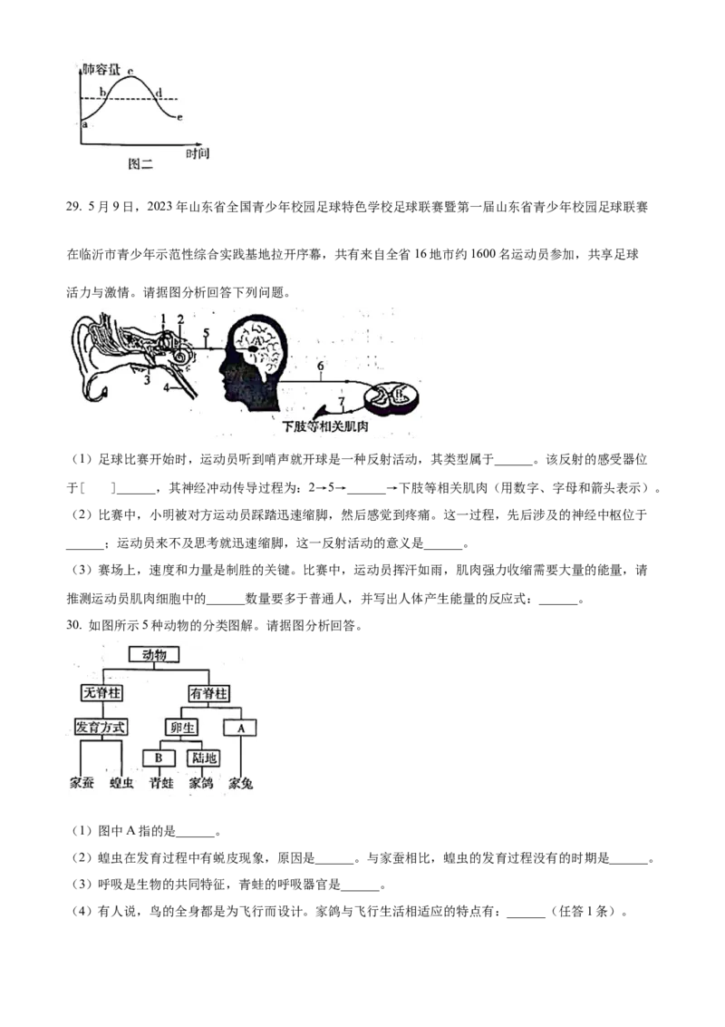 精品解析：2023年山东省临沂市中考生物真题（原卷版）_new_6生物中考复习_2025中考复习资料_中考真题（近三年）_2023年生物中考真题