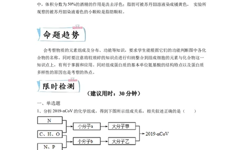重难点02组成细胞的分子（原卷版）_通用版（老高考）复习资料_2023年复习资料_专项复习_2023年高考生物热点&middot;重点&middot;难点专练（全国通用）