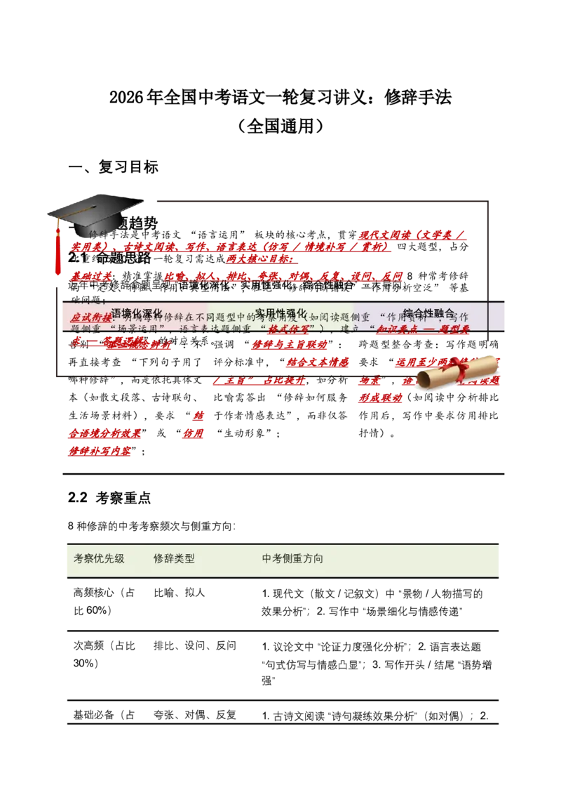 2026年全国中考语文一轮复习讲义：修辞手法（全国通用）（含答案解析）_中考复习资料_语数英物化_1语文中考复习_2026年中考复习（更新中）_2026年全国中考语文一轮复习讲义