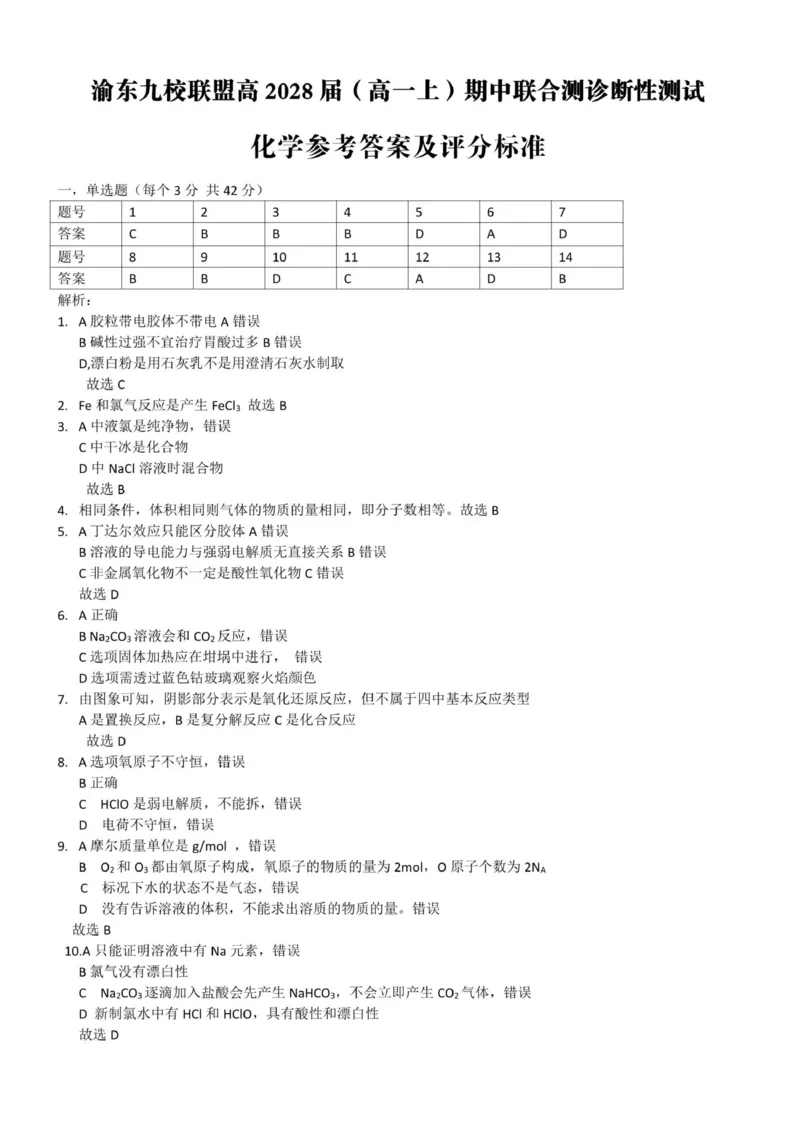 重庆市渝东九校联盟2025-2026学年高一上学期期中联合性诊断测试化学试卷（图片版，含答案）_2025年12月高一试卷
