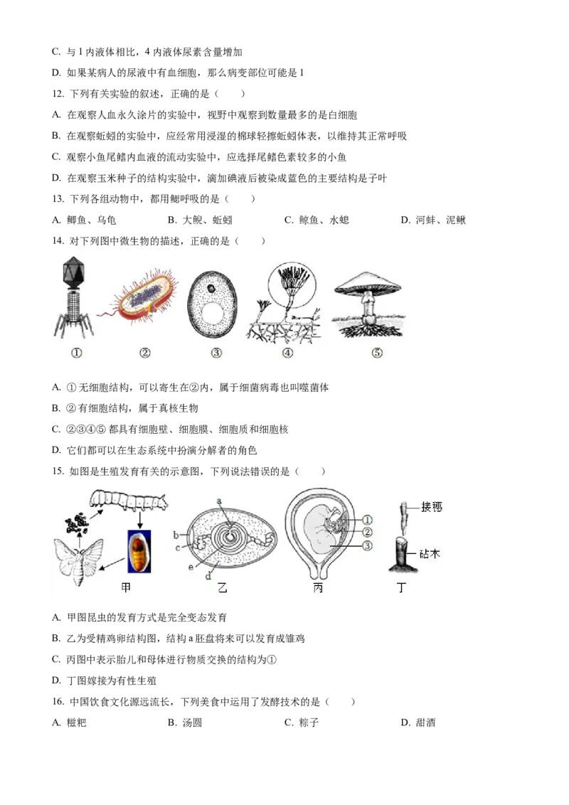 精品解析：湖南省张家界市2022年中考真题（原卷版）_6生物中考复习_2025中考复习资料_中考真题（近三年）_2022年生物中考真题114份