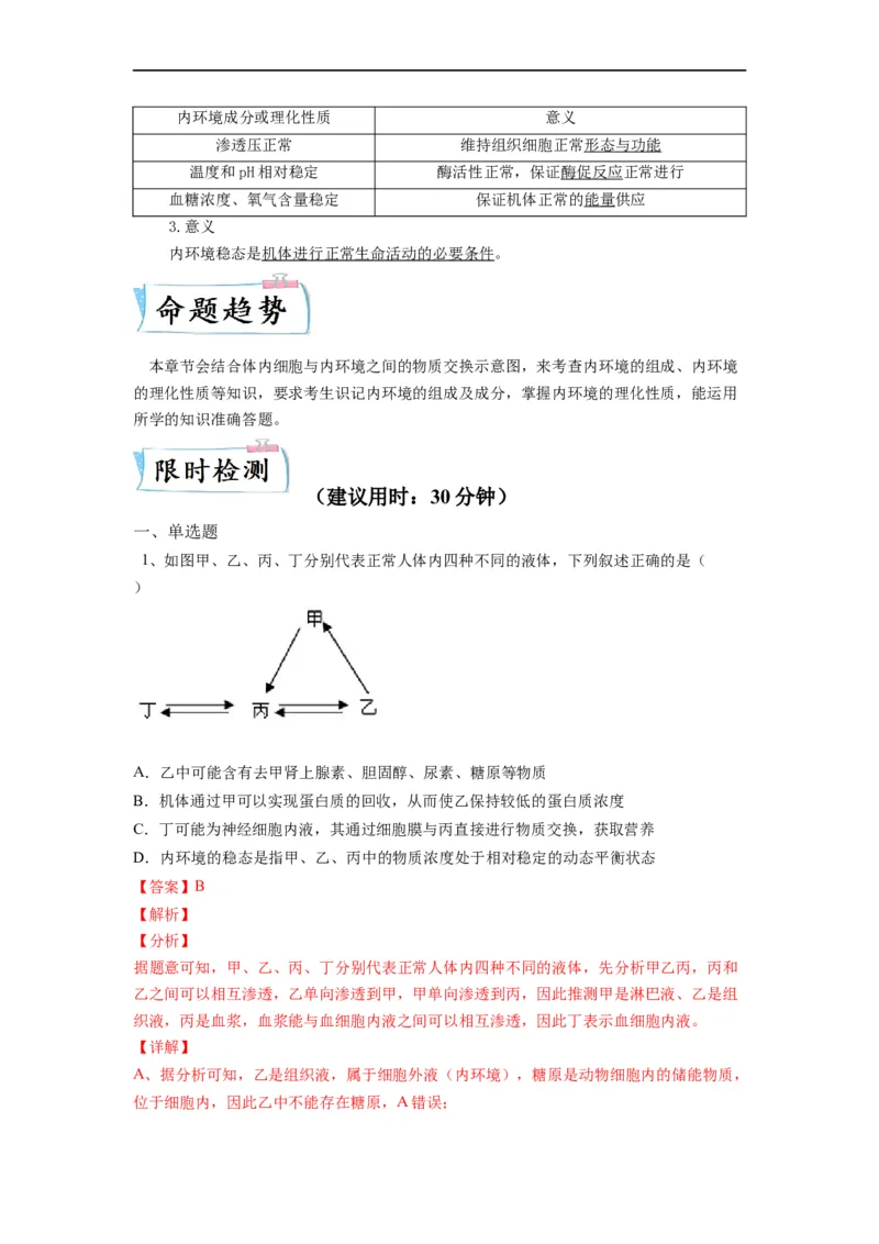 重难点13内环境稳态（解析版）_通用版（老高考）复习资料_2023年复习资料_专项复习_2023年高考生物热点&middot;重点&middot;难点专练（全国通用）
