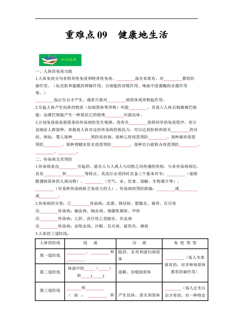 重难点09健康地生活-2023年中考生物热点&middot;重点&middot;难点专练（全国通用）（原卷版）_6生物中考复习_2023年中考复习资料_专项复习_2023年中考生物热点&middot;重点&middot;难点专练（全国通用）