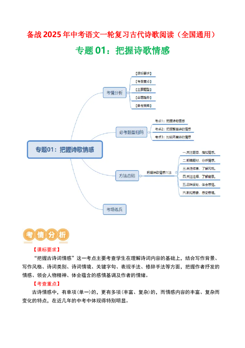 专题01：把握诗歌情感-备战2025年中考语文一轮复习古代诗歌阅读（全国通用）原卷版_中考复习资料_语数英物化_1语文中考复习_2025年中考资料