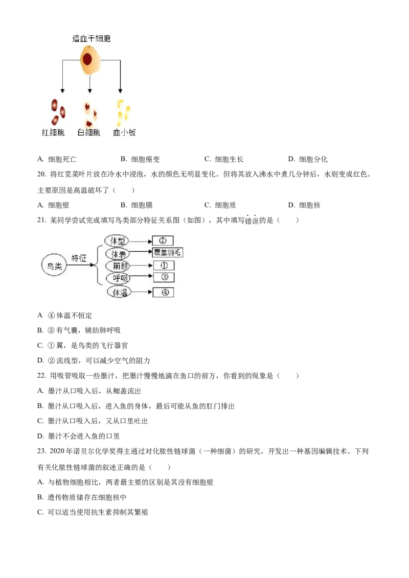 精品解析：2023年江苏省无锡市学考生物真题（原卷版）_new_6生物中考复习_2025中考复习资料_中考真题（近三年）_2023年生物中考真题